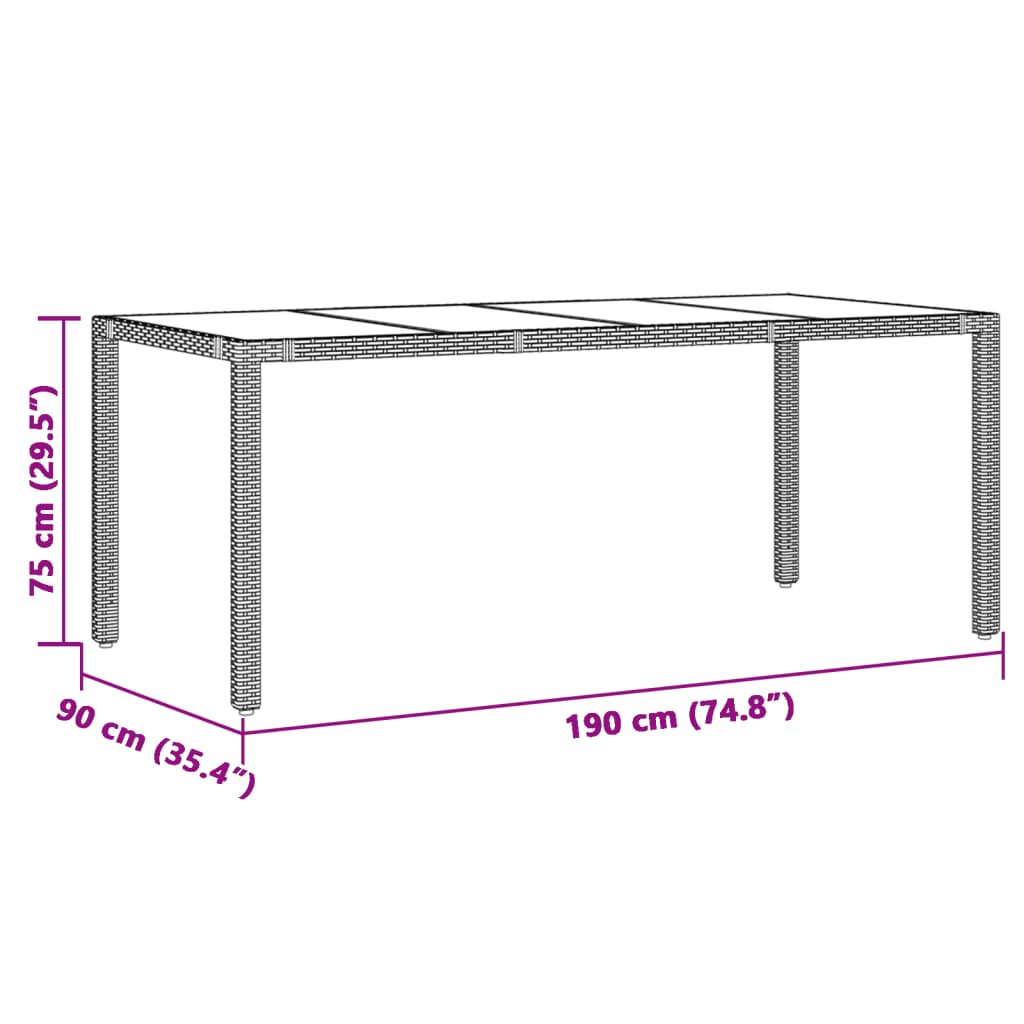 Tavolo Giardino Piano in Vetro Marrone 190x90x75 cm Polyrattan | homemem39