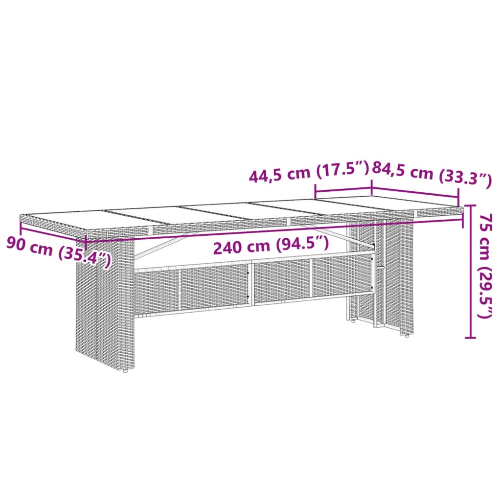 Tavolo da Giardino Piano in Vetro Nero 240x90x75 cm Polyrattan | homemem39