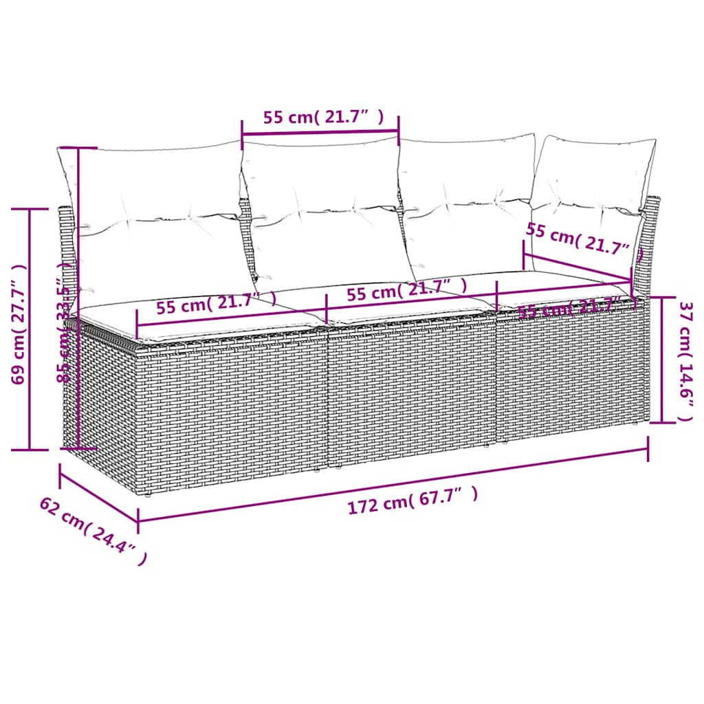 Divano da Giardino a 3 Posti con Cuscini Nero in Polyrattan | homemem39