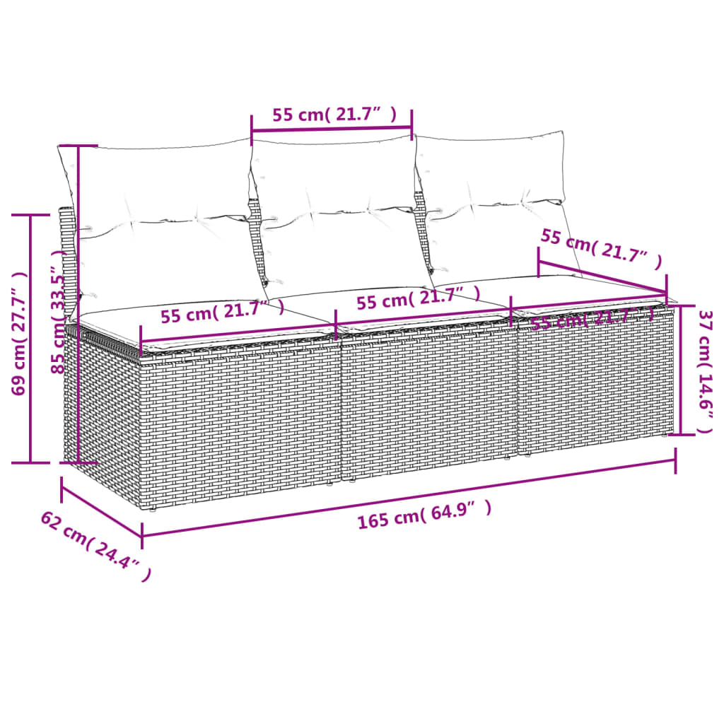 Divano da Giardino con Cuscini a 3 Posti Beige in Polyrattan | homemem39