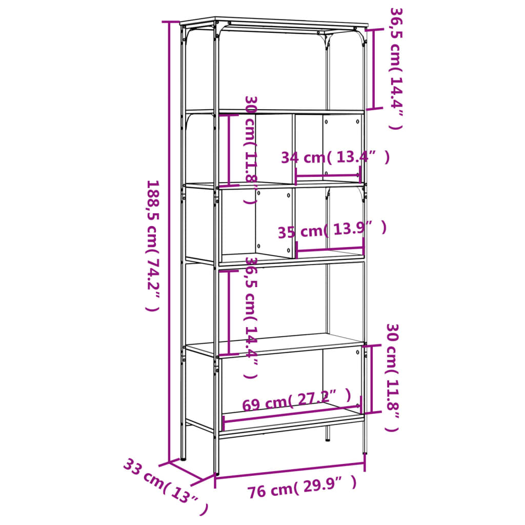 Libreria 5Ripiani Grigio Sonoma 76x33x188,5cm Legno Multistrato | homemem39