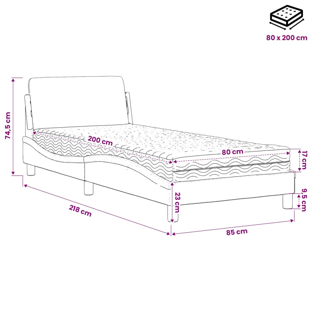 Letto con Materasso Dover Nero 80x200 cm in Tessuto