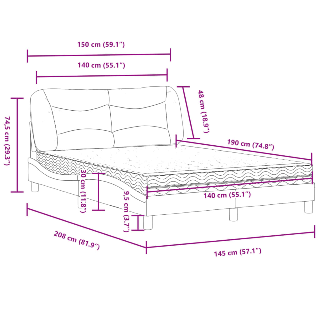 Letto con Materasso Hvar Nero 140x190 cm in Tessuto | homemem39