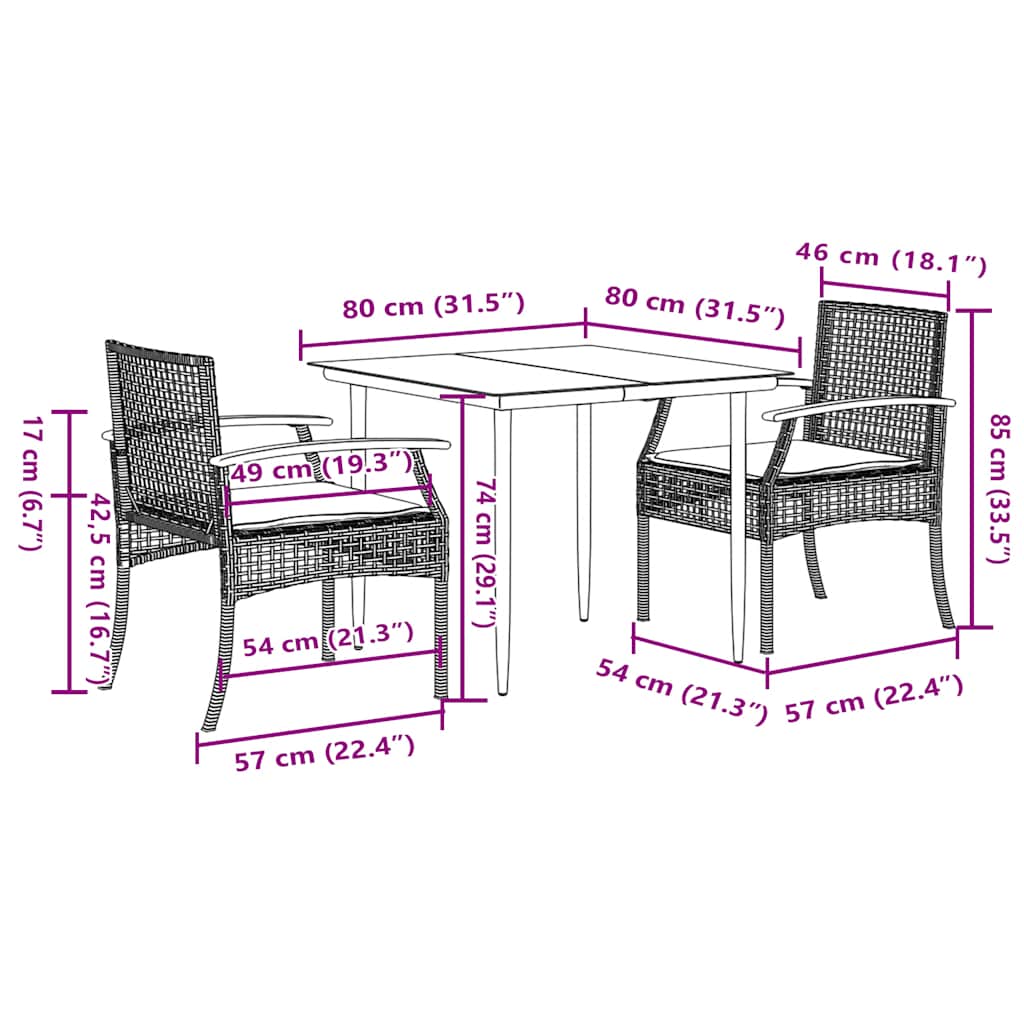 Set da Pranzo da Giardino 3 pz con Cuscini Nero in Polyrattan | homemem39