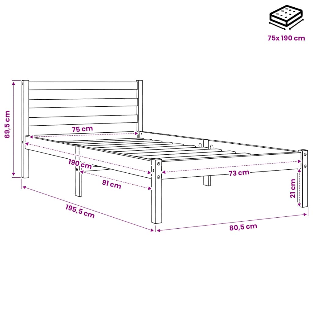 Letto senza Materasso Marrone Cera 75x190 cm in Legno di Pino | homemem39