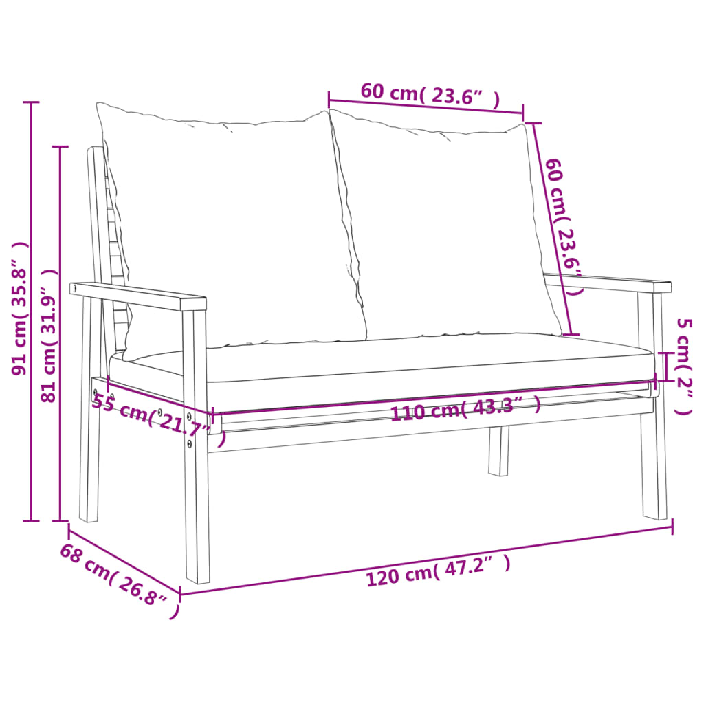 Panca Divano da Giardino 120 cm Cuscini Legno Massello Acacia | homemem39