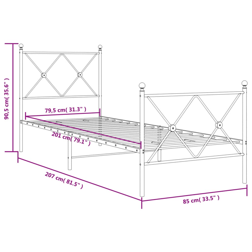 Giroletto con Testiera e Pediera Metallo Nero 80x200 cm | homemem39