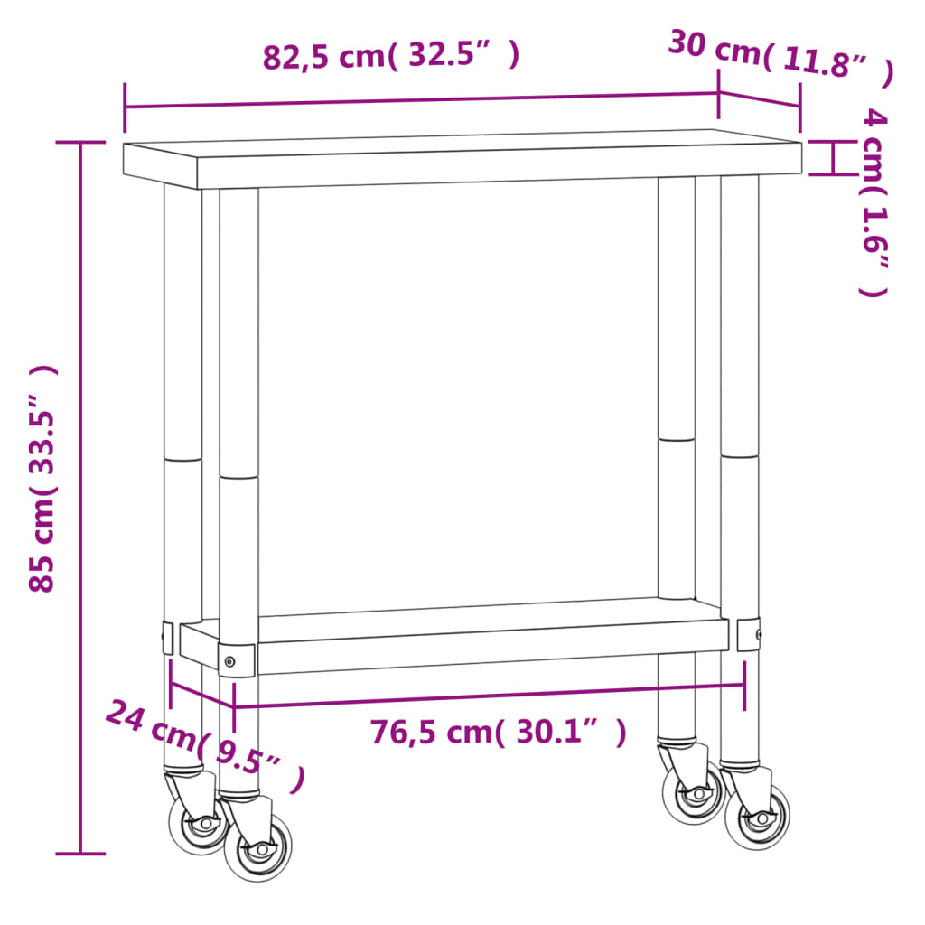 Tavolo da Lavoro Cucina con Ruote 82,5x30x85 cm in Acciaio Inox