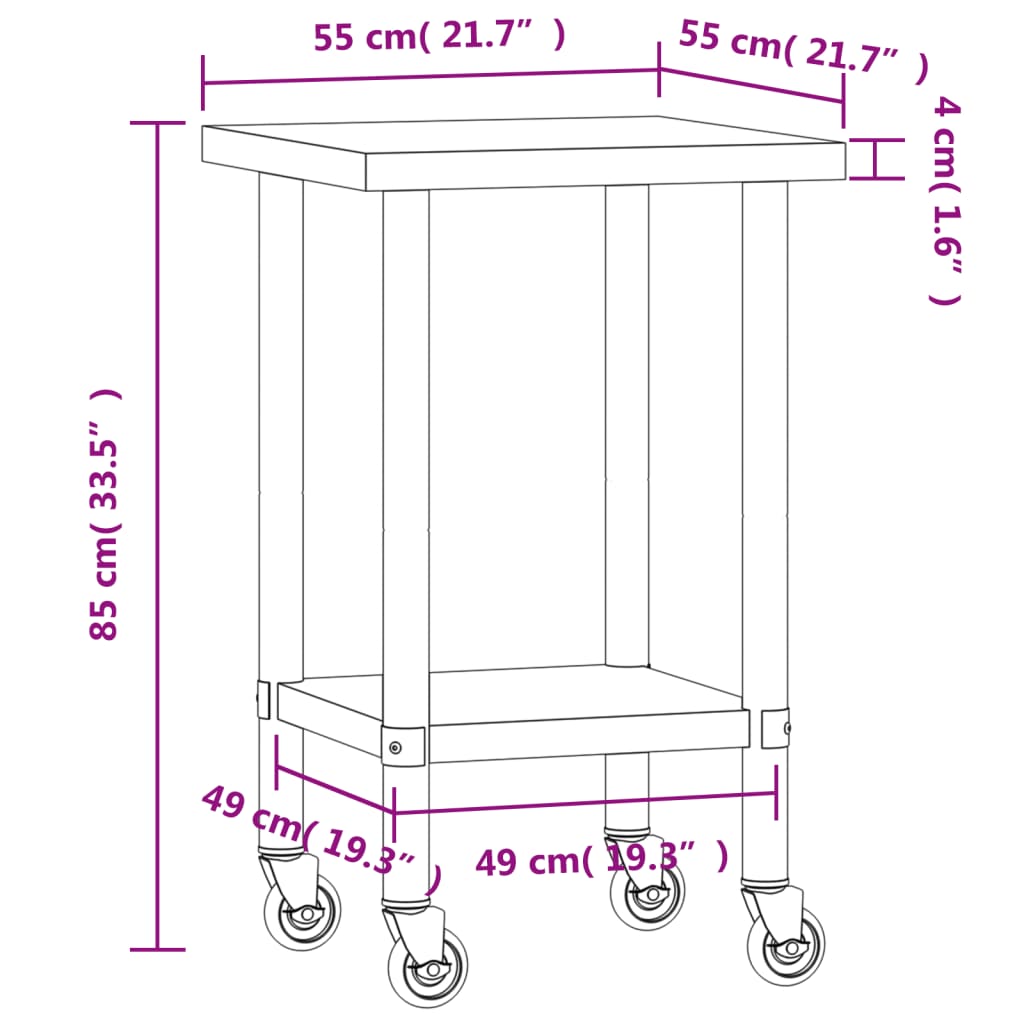 Tavolo da Lavoro Cucina con Ruote 55x55x85 cm in Acciaio Inox | homemem39