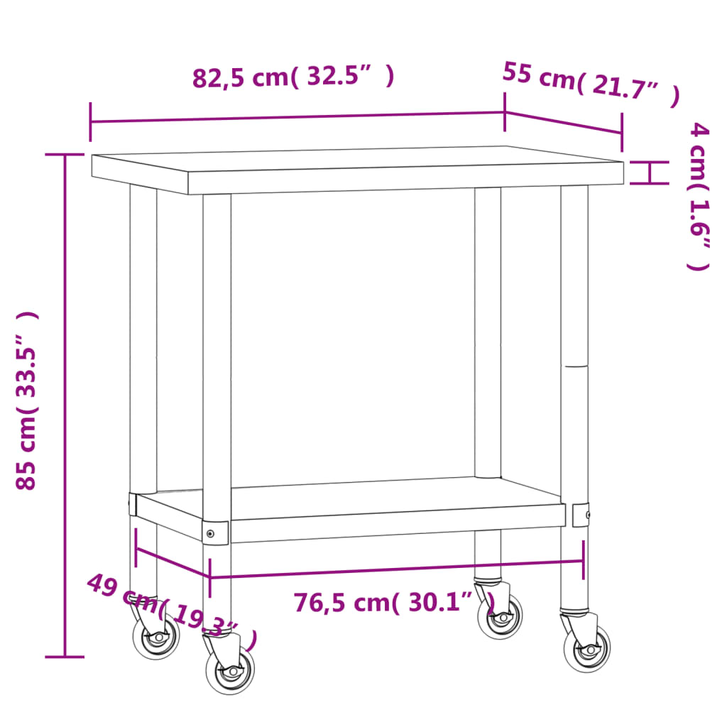 Tavolo da Lavoro Cucina con Ruote 82,5x55x85 cm in Acciaio Inox