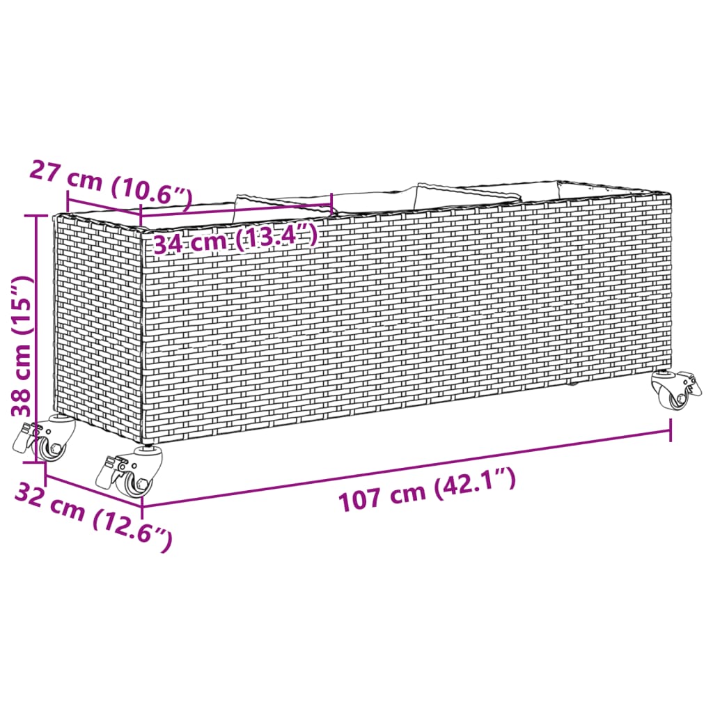 Fioriera con Ruote e 3 Vasi Nera 107x32x38 cm in Polyrattan