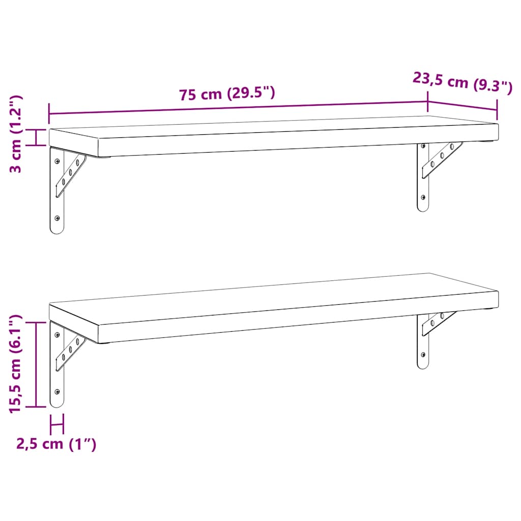 Mensole a Muro 2 pz 75x23,5 cm Nero in Acciaio Inossidabile