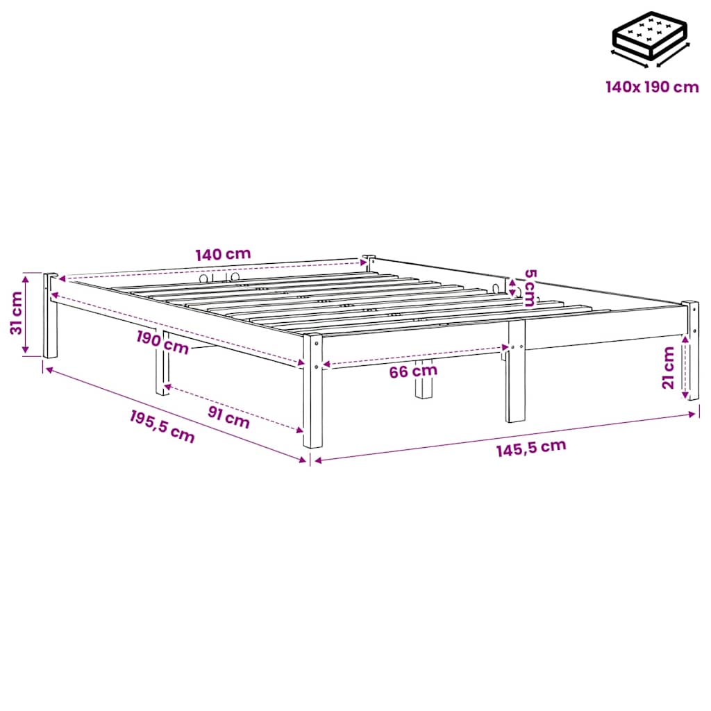 Letto senza Materasso Marrone Cera 140x190 cm in Legno di Pino