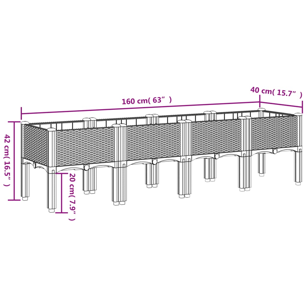 Fioriera da Giardino con Gambe Nera 160x40x42 cm in PP | homemem39
