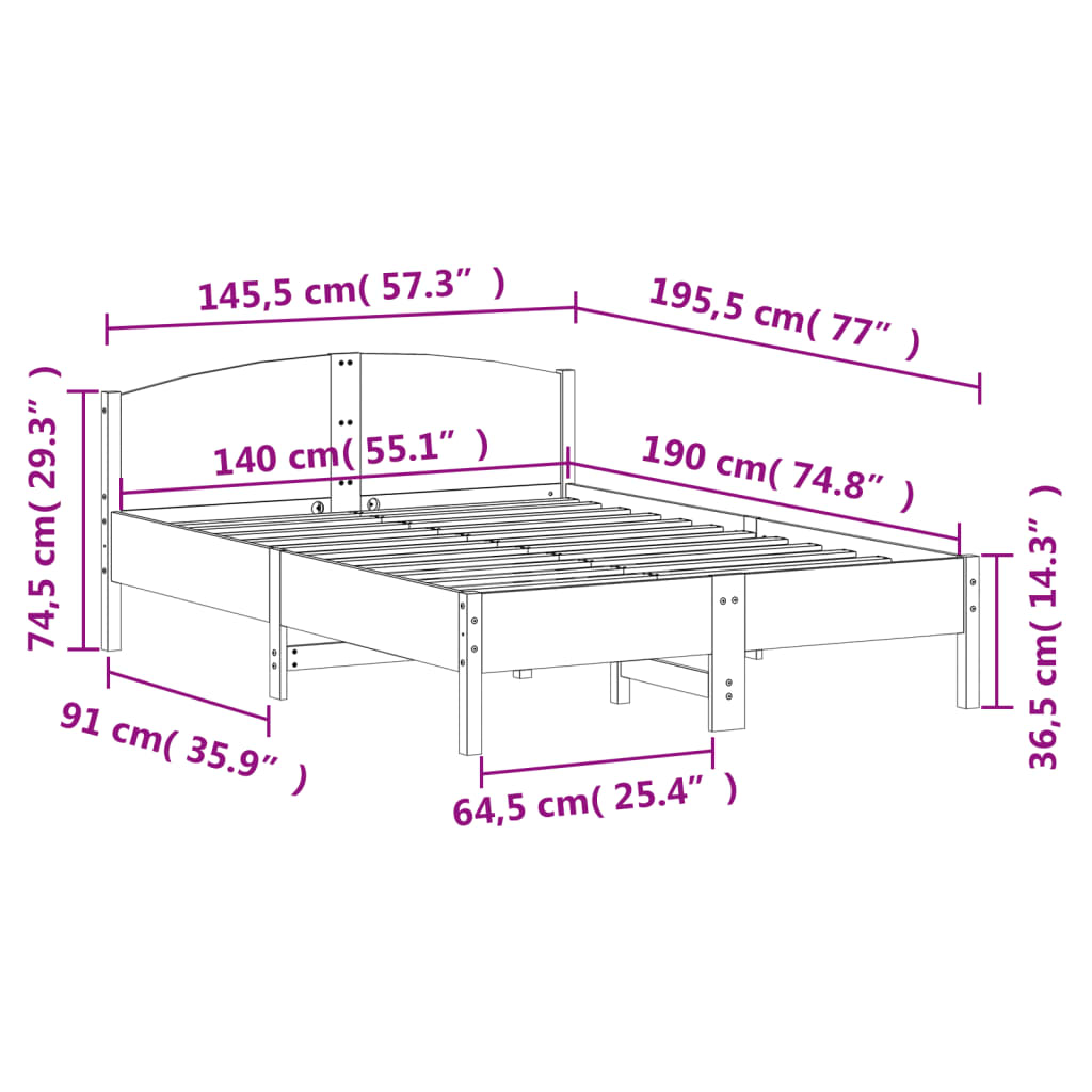 Letto senza Materasso Bianco 140x190 cm Legno Massello di Pino | homemem39