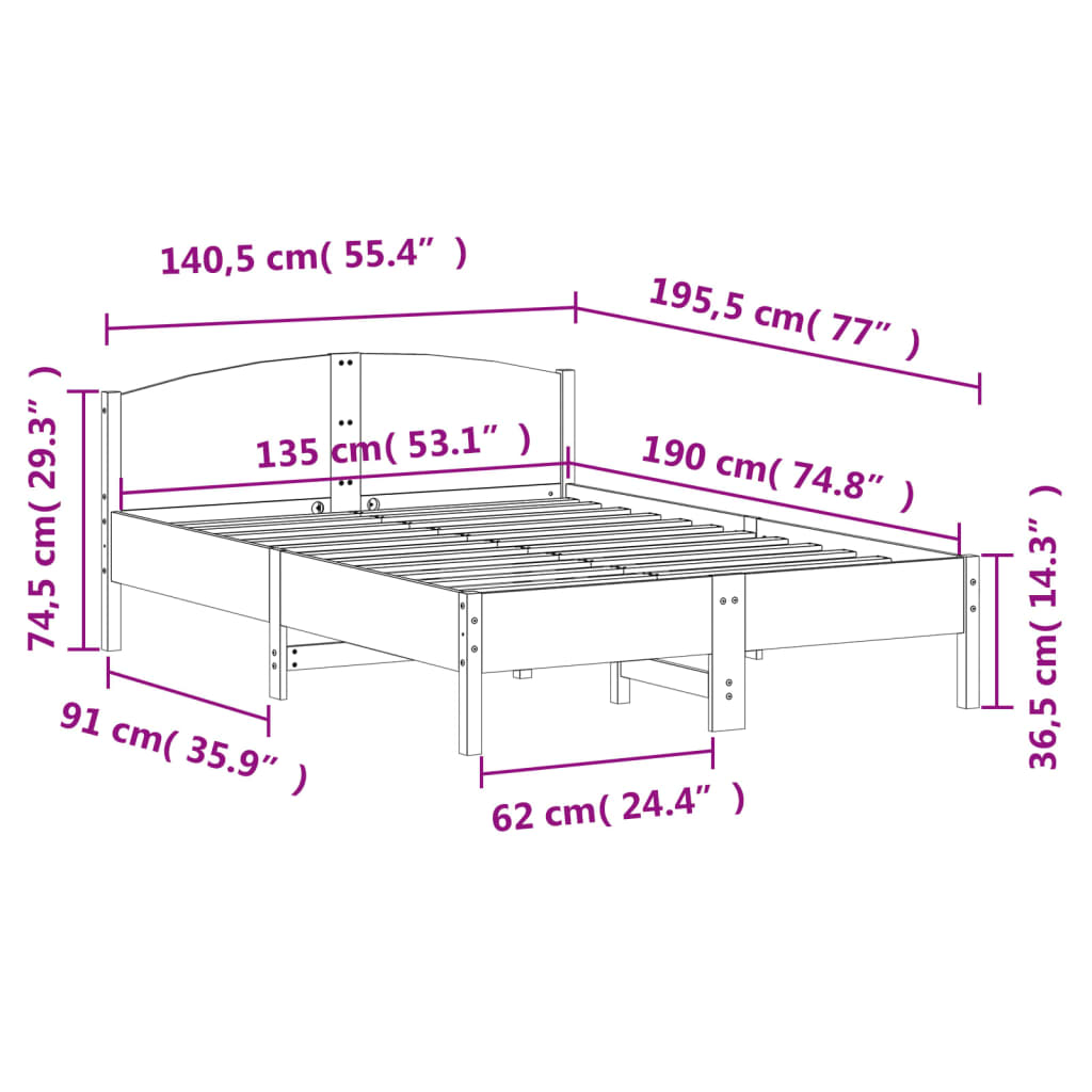 Letto senza Materasso Bianco 135x190 cm Legno Massello di Pino | homemem39