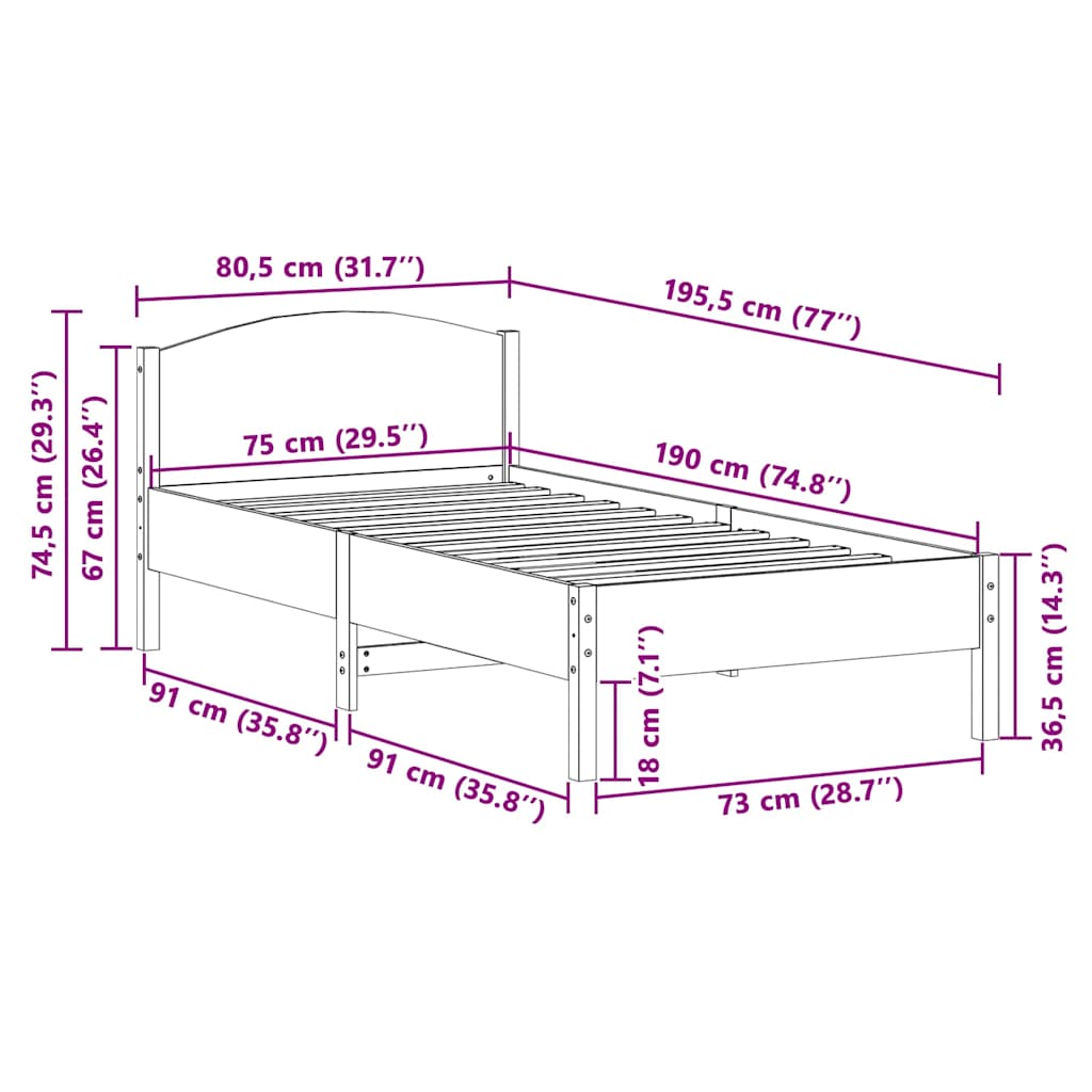 Letto senza Materasso 75x190 cm in Legno Massello Pino | homemem39