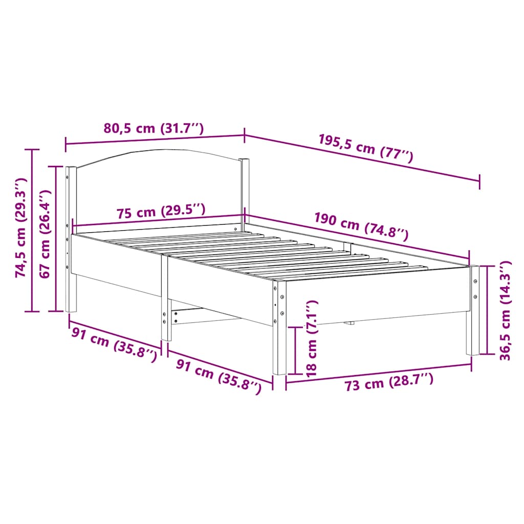 Letto senza Materasso Bianco 75x190 in Legno Massello di Pino | homemem39