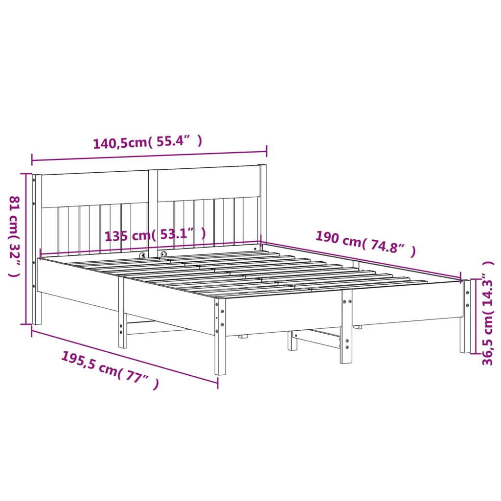 Letto senza Materasso 135x190 cm in Legno Massello di Pino | homemem39