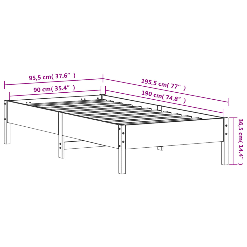 Letto senza Materasso Bianco 90x190 cm in Legno Massello Pino | homemem39