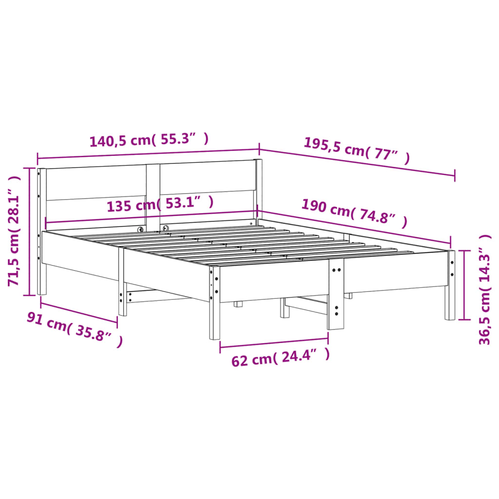 Letto senza Materasso Marrone Cera 135x190 cm in Legno di Pino | homemem39