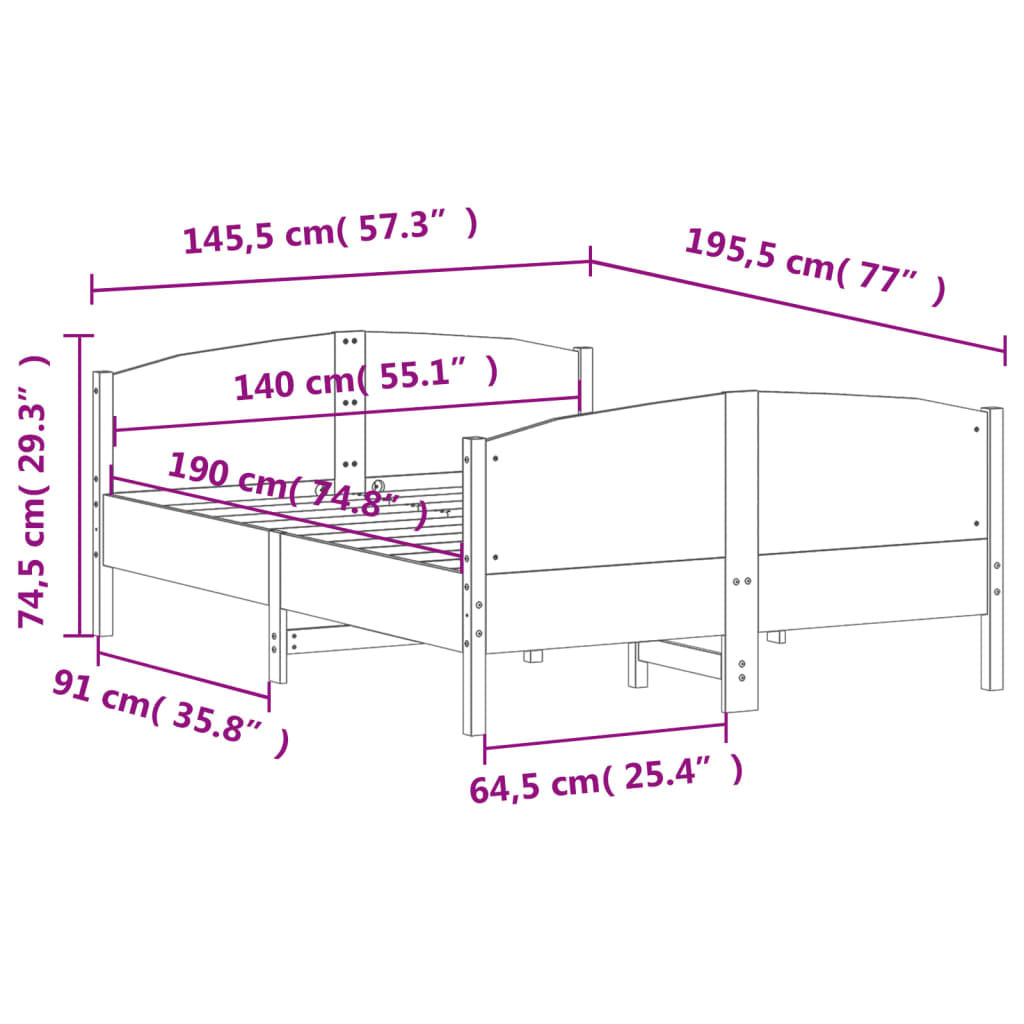 Letto senza Materasso 140x190 cm in Legno Massello di Pino | homemem39