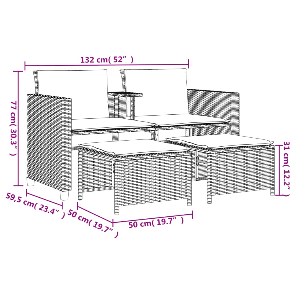 Divano Giardino 2 Posti con Tavolo e Sgabelli Grigio Polyrattan | homemem39