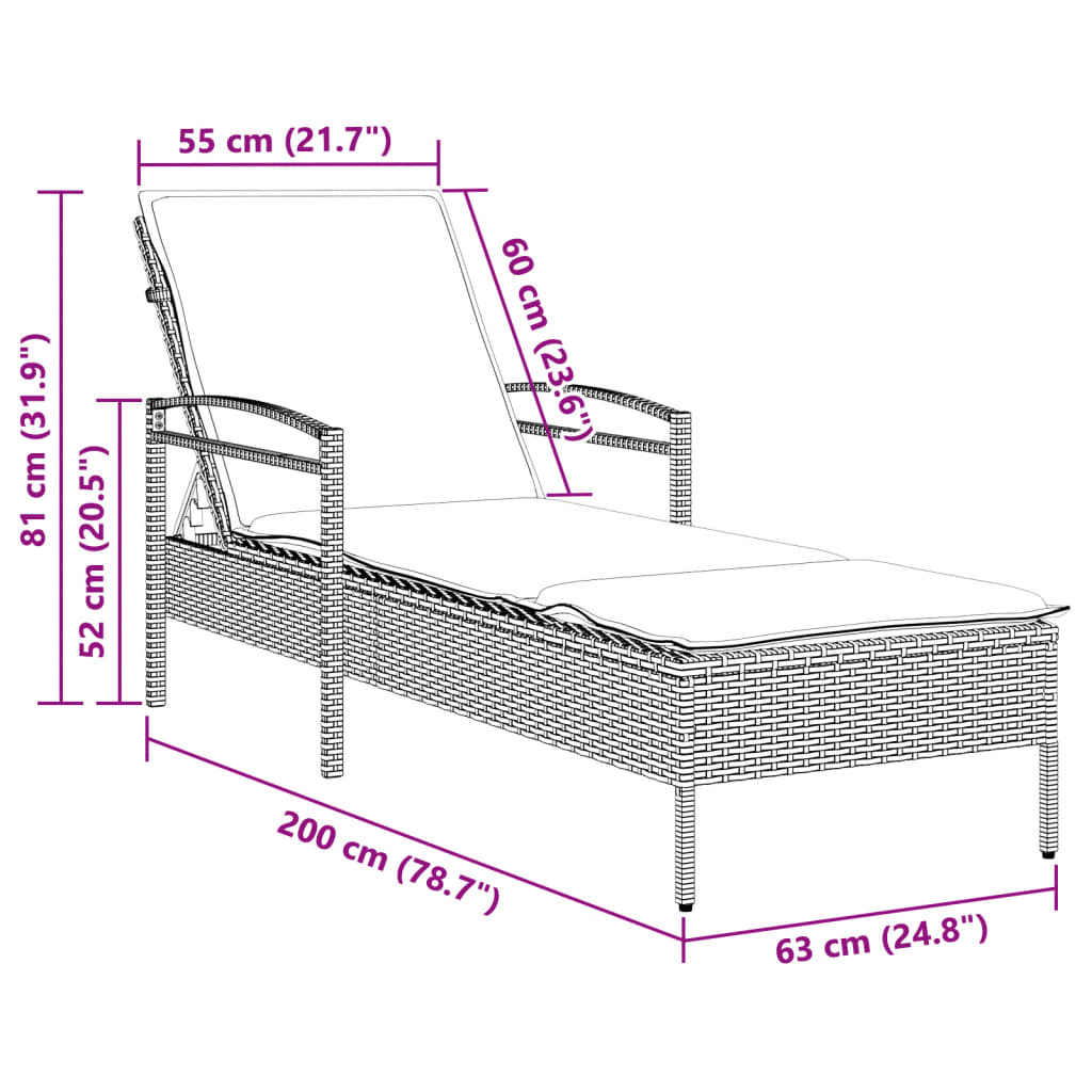 Lettino Prendisole con Cuscino Beige 63x200x81 cm in Polyrattan | homemem39