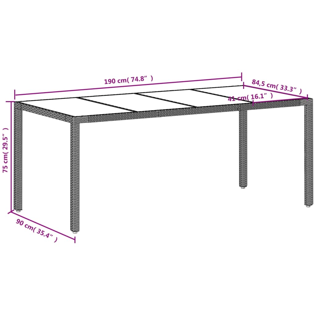 Tavolo Giardino Piano Vetro Grigio Chiaro 190x90x75 Polyrattan | homemem39
