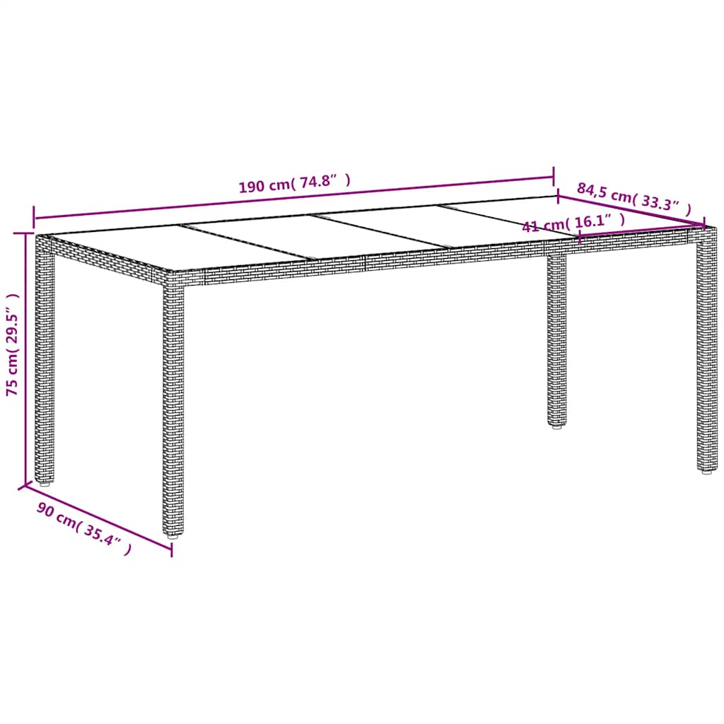 Tavolo Giardino Piano in Vetro Bianco 190x90x75 cm Polyrattan | homemem39
