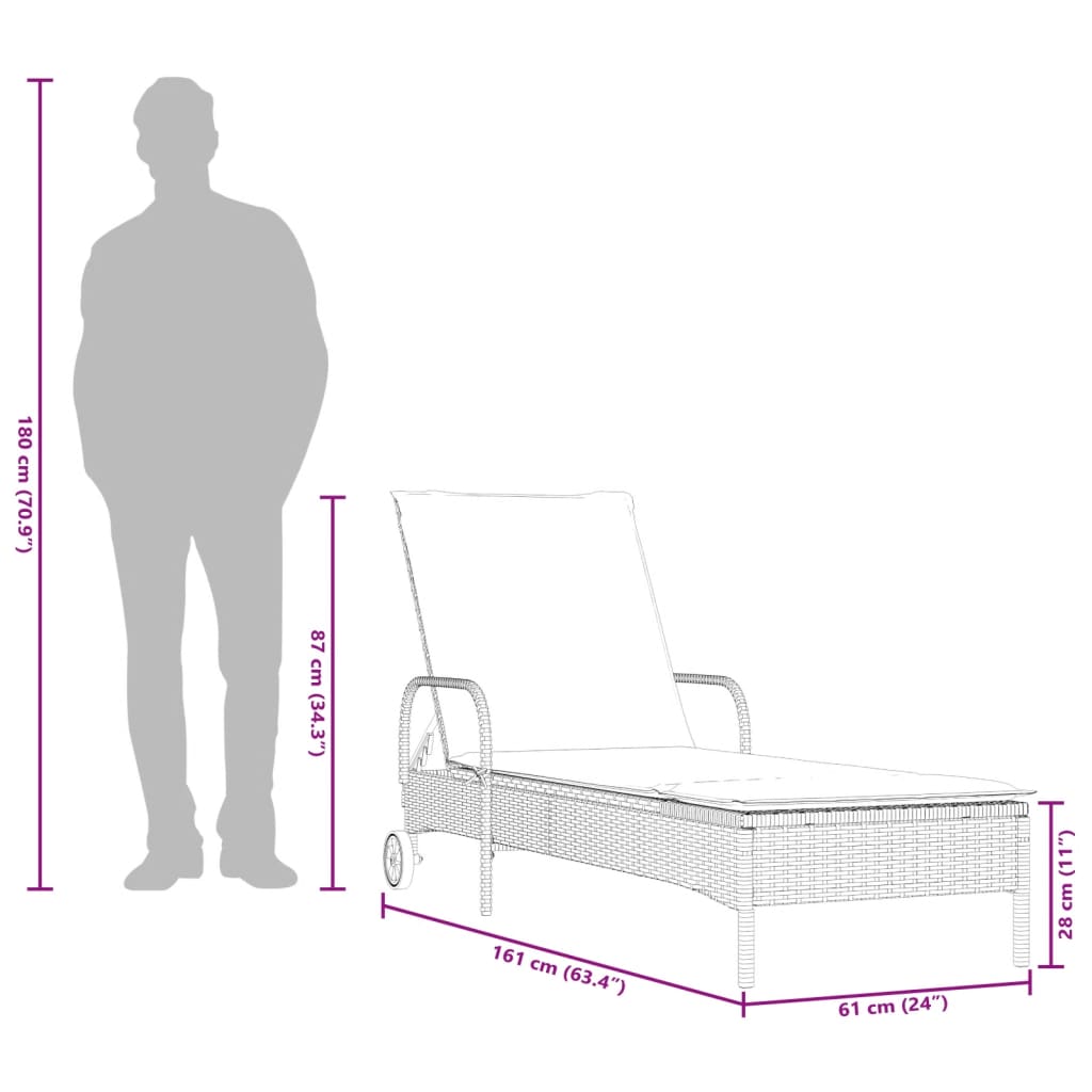 Lettino Prendisole con Ruote e Cuscino in Polyrattan Grigio | homemem39