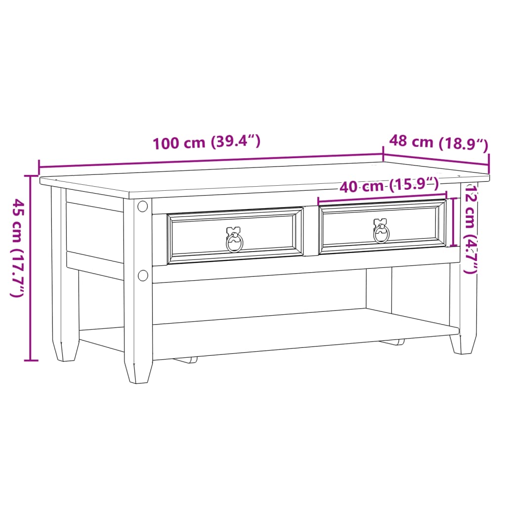 Tavolino con Cassetti Corona 100x48x45cm Legno Massello di Pino | homemem39