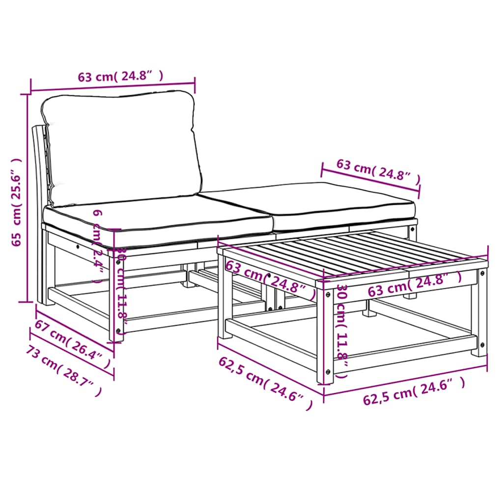 Set Mobili da Giardino 3pz con Cuscini Legno Massello di Acacia | homemem39