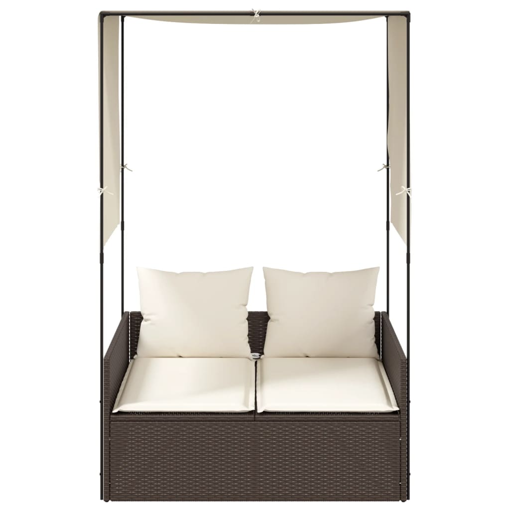 Lettino Prendisole con Tetto e Tende in Polyrattan