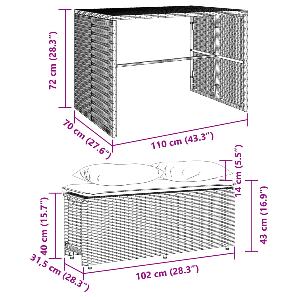 Set da Pranzo da Giardino 3 pz con Cuscini Nero in Polyrattan | homemem39