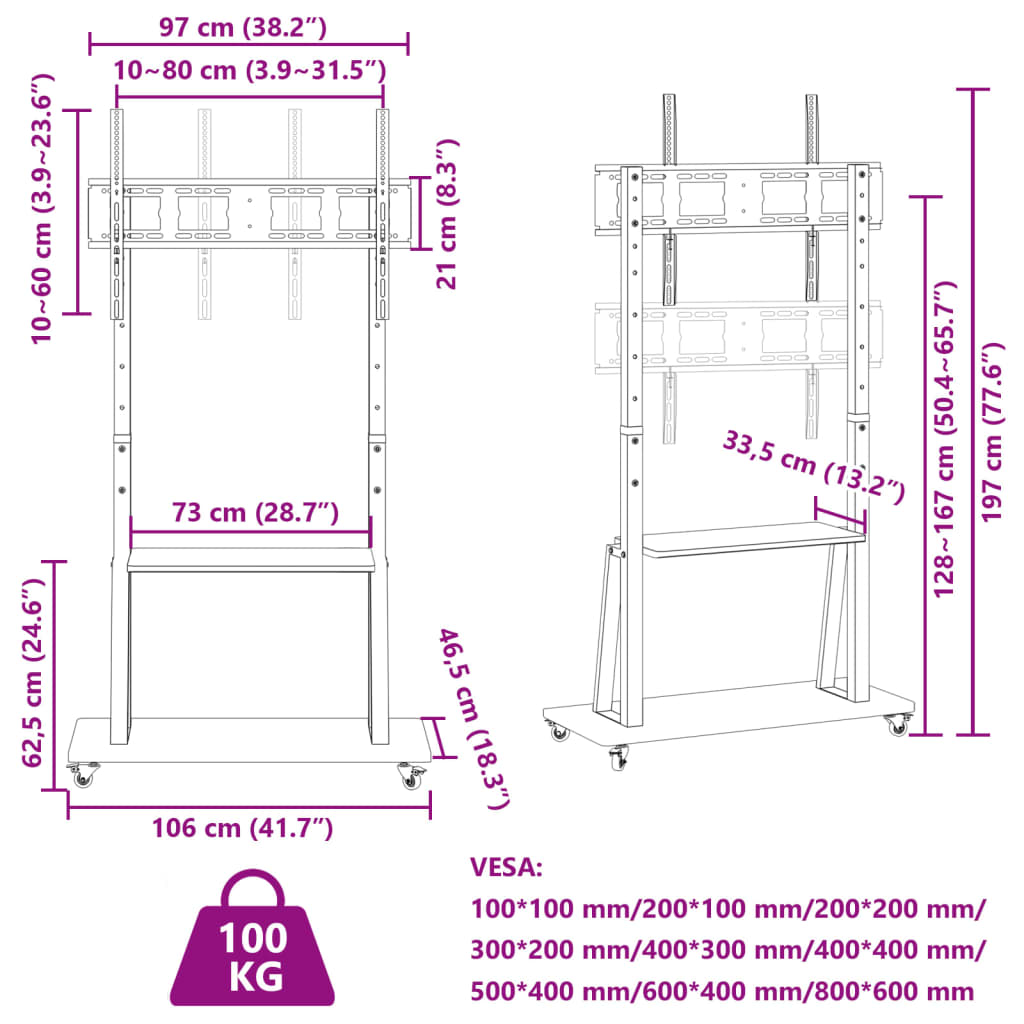 Supporto TV con Ruote Schermo 32"-90" Max VESA 800x600 mm 100kg