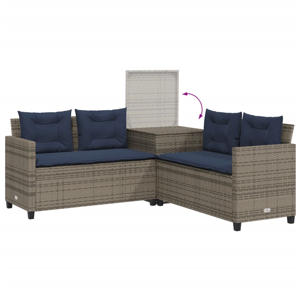 Divano da giardino con Tavolino e cuscini a forma di L in Polyrattan Grigio