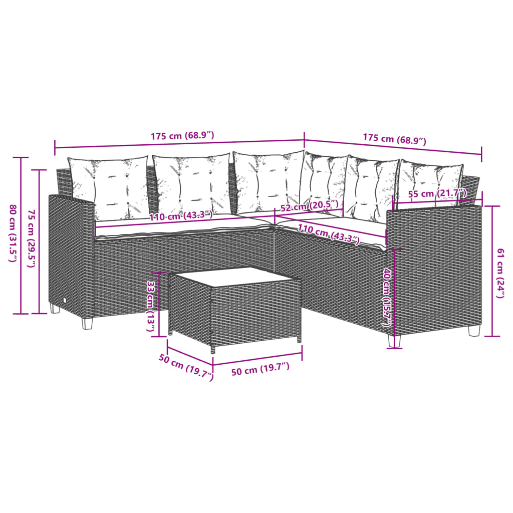 Divano da giardino con Tavolino e cuscini a forma di L in Polyrattan Nero | homemem39