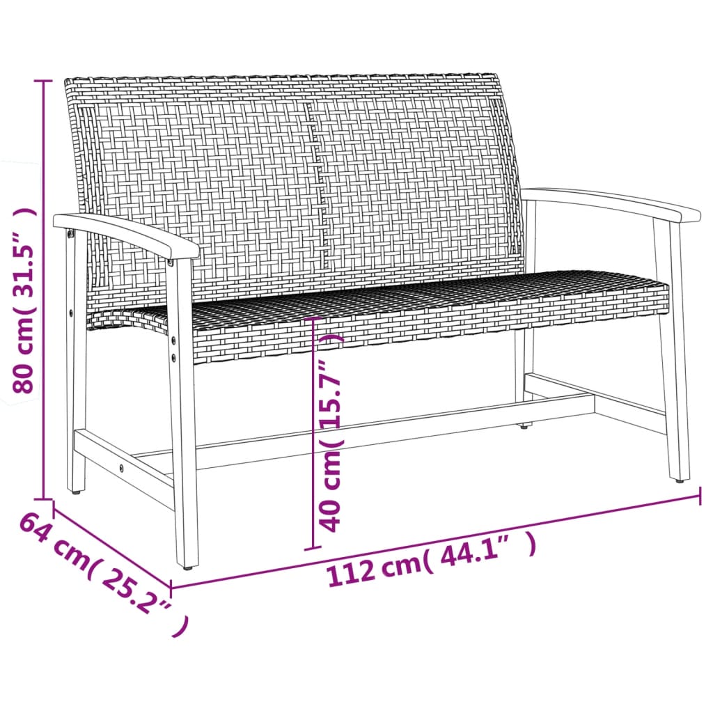 Panca da Giardino Nera 112 cm in Polyrattan e Legno di Acacia | homemem39