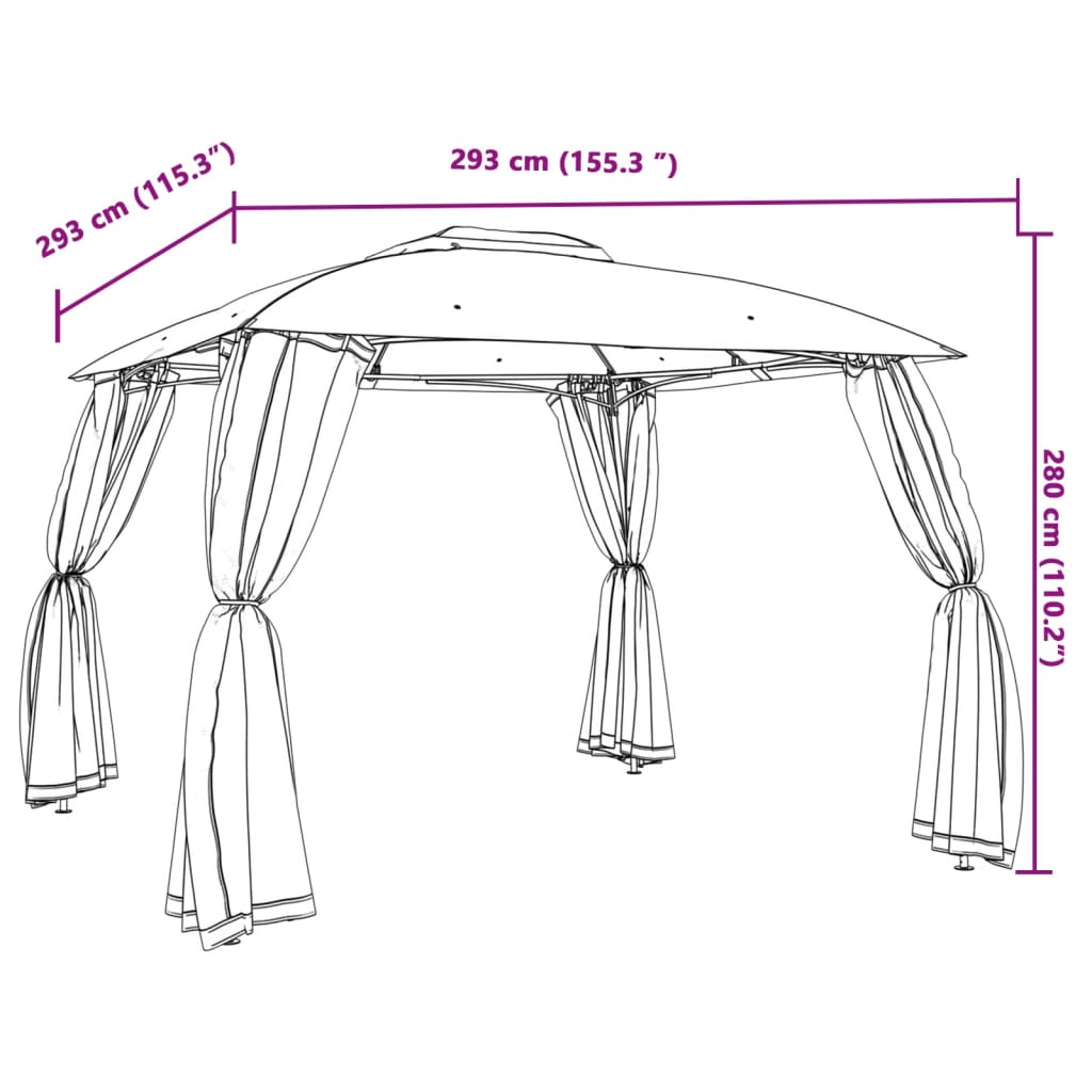 Gazebo con Tetto Doppio/Pareti Rete Tortora 2,93x2,93 m Acciaio | homemem39