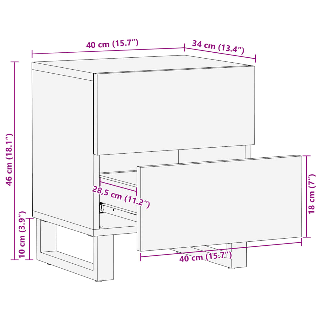 Comodino 40x34x46 cm in Legno Massello di Mango