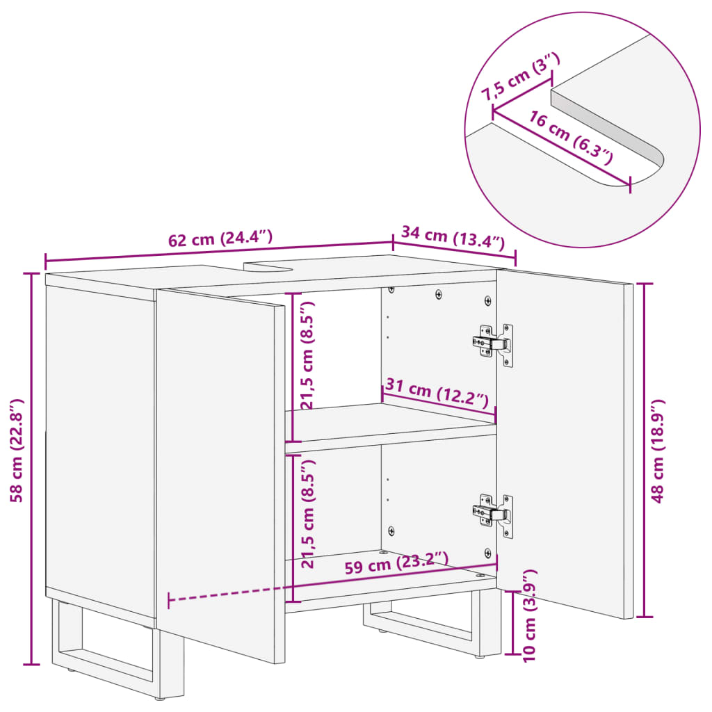 Mobile Lavabo da Bagno 62x34x58cm Legno Massello Mango Grezzo