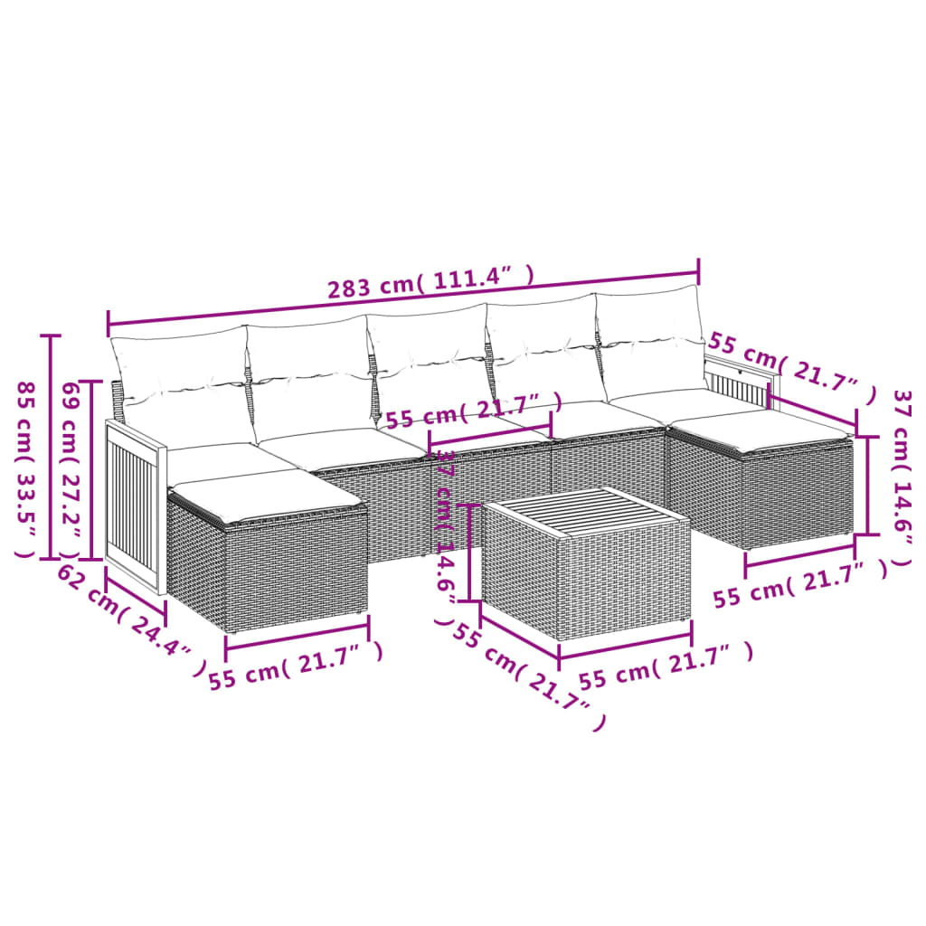 Set Divano da Giardino 8 pz con Cuscini Beige in Polyrattan | homemem39