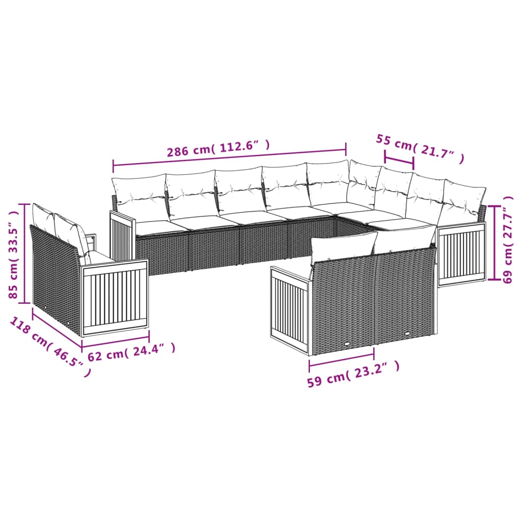 Set Divani da Giardino 12 pz con Cuscini Nero in Polyrattan | homemem39