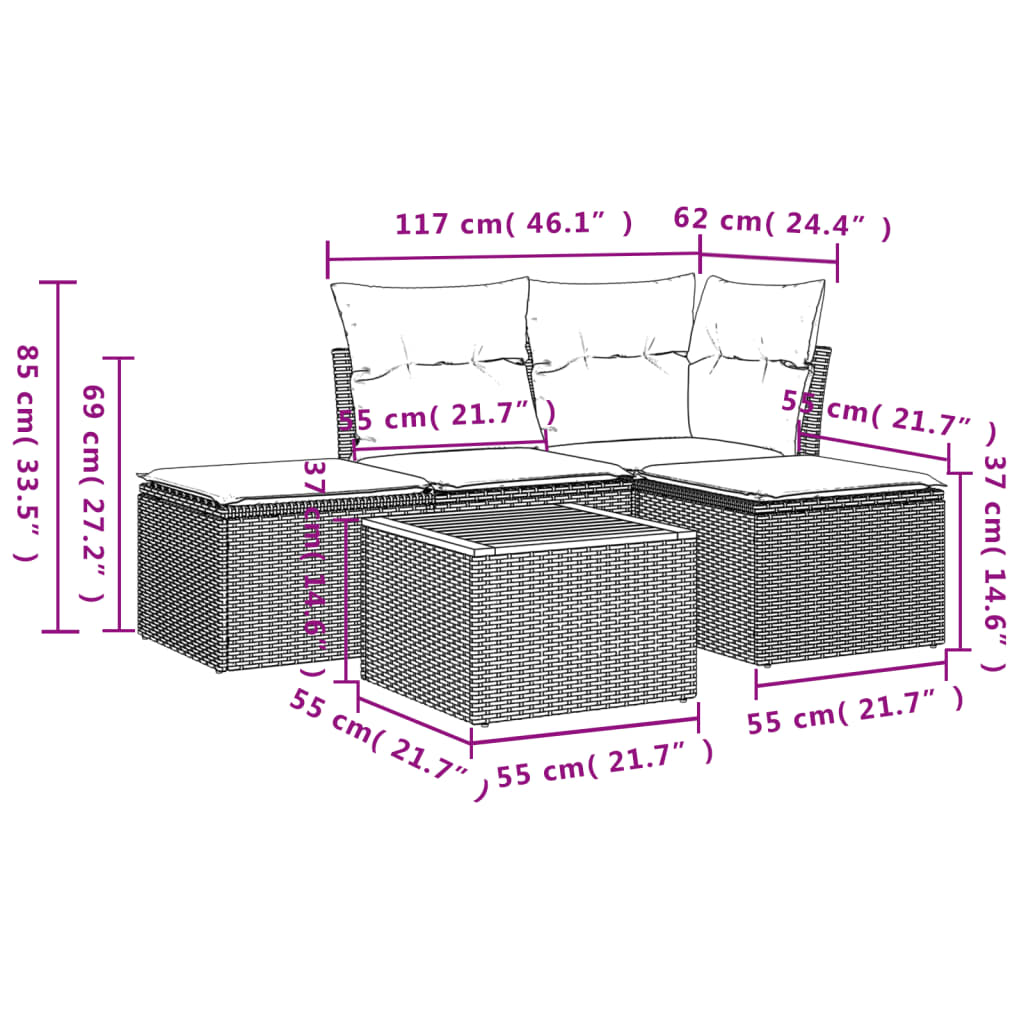 Set Divani da Giardino 5 pz con Cuscini in Polyrattan Nero | homemem39