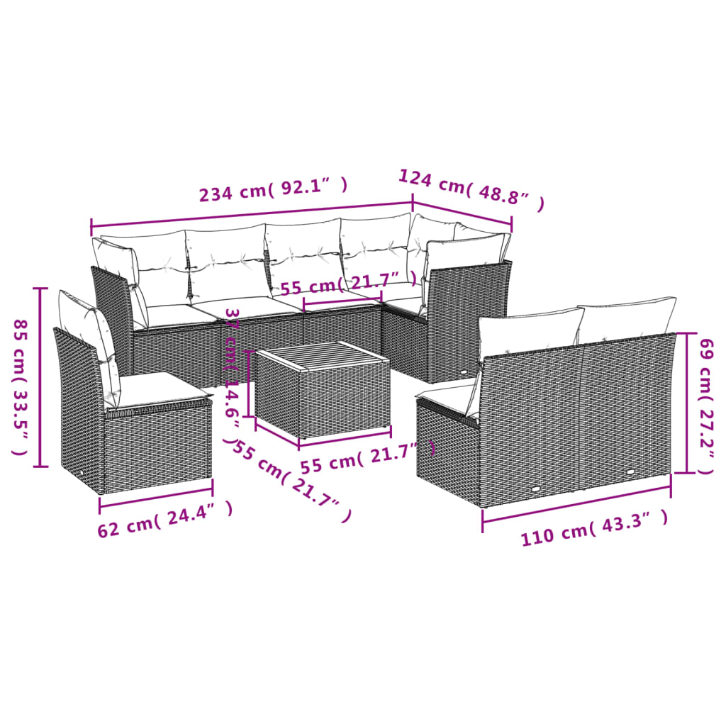 Set Divani da Giardino 9 pz con Cuscini Nero in Polyrattan | homemem39