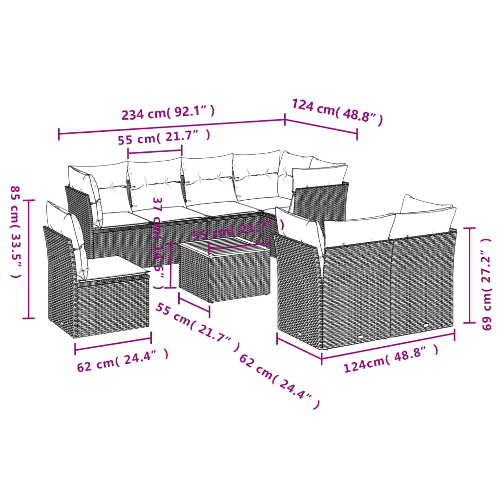 Set Divani da Giardino 9 pz con Cuscini Nero in Polyrattan | homemem39