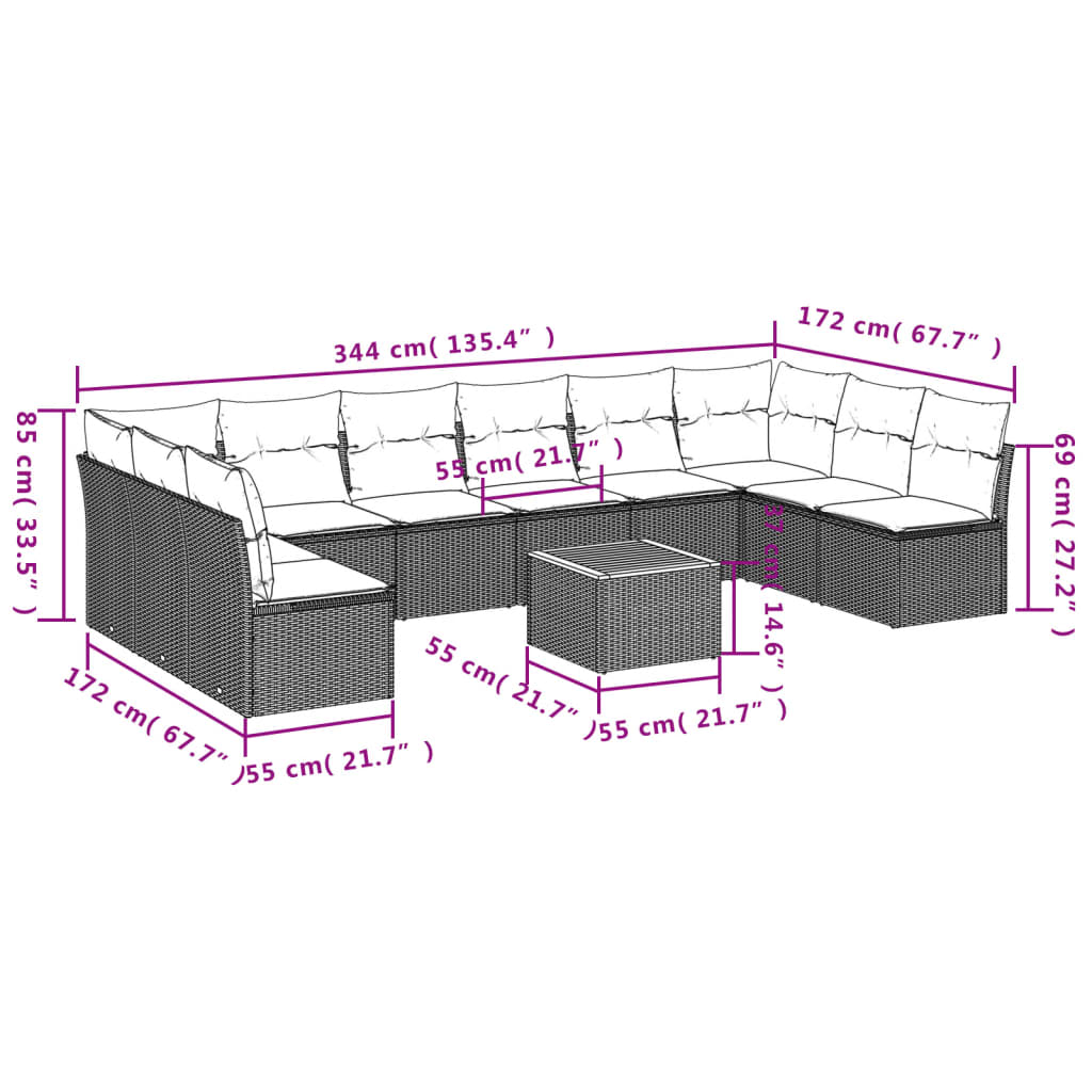 Set Divani da Giardino 11 pz con Cuscini in Polyrattan Nero | homemem39