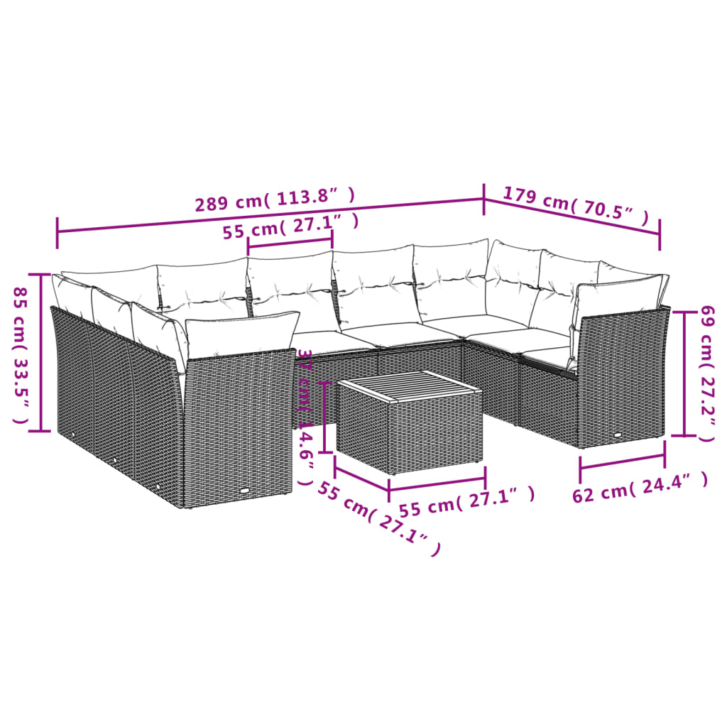 Set Divani da Giardino 10pz con Cuscini in Polyrattan Nero | homemem39