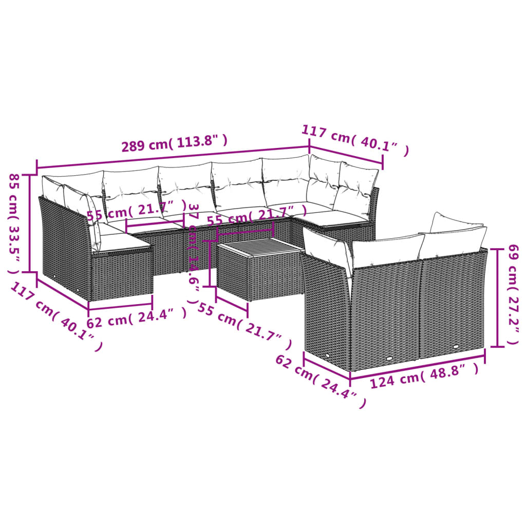 Set Divani da Giardino 10pz con Cuscini in Polyrattan Nero | homemem39